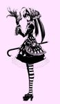  cane domino_mask dress gothic_lolita lolita_fashion mask monochrome patterned_legwear striped striped_legwear twintails 