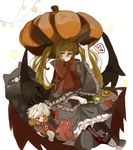  bad_id bad_pixiv_id blazblue blonde_hair boots bow candy character_doll food fork frills gii gothic_lolita heel-less_platform_footwear lolita_fashion lollipop long_hair nago platform_footwear pumpkin purintowswsp rachel_alucard ragna_the_bloodedge red_bow red_eyes shoes solo twintails 