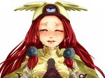  blazblue blue_eyes blush cum cum_on_clothes cum_on_hair facial gloves hair_tubes handjob hat head_wings highres lips long_hair military military_uniform one_eye_closed paizuri paizuri_over_clothes penis red_hair solo_focus tsubaki_yayoi uniform 