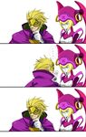  1girl 3koma android blazblue blonde_hair blue_eyes blush comic earrings facial_hair gloves hat hoop_earrings ignis_(blazblue) jewelry mask pink_hat recurring_image relius_clover robot_ears stubble translated white_skin yuriyuri_(ccc) 