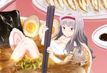  bowl breasts chopsticks cleavage egg food hairband idolmaster idolmaster_(classic) in_bowl in_container in_food kamaboko large_breasts long_hair meandros minigirl murakumo1987 narutomaki noodles nori_(seaweed) ramen red_eyes shijou_takane silver_hair smile solo towel 