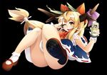  alcohol ass bad_id bad_pixiv_id beer black_background blonde_hair can fake_eyebrows fake_facial_hair fake_mustache horns ibuki_suika kaenbyou_rin legs long_hair looking_at_viewer mary_janes one_eye_closed open_mouth shoes socks solo topo_(bacchustab) touhou white_legwear yellow_eyes 