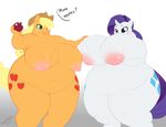  anthro anthrofied apple applejack_(mlp) belly big_breasts big_nipples blonde_hair blue_eyes blush breasts chubby cutie_mark duo english_text equine female freckles friendship_is_magic fruit green_eyes hair hat holding_breasts horn horse huge_breasts long_hair makeup mammal morbidly_obese my_little_pony navel nipples nude orange orange_body overweight plain_background pony purple_hair rarity_(mlp) revadiehard short_hair standing stuffed stuffing text thighs unicorn weight_gain white_background 