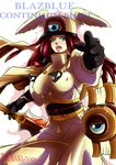  bad_id bad_pixiv_id black_gloves blazblue blue_eyes breasts character_name copyright_name covered_nipples gloves hat head_wings highres large_breasts long_hair military military_uniform open_mouth pointing pointing_forward red_hair sash short_sword solo sword tsubaki_yayoi uniform weapon 