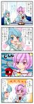  4koma blue_eyes blue_hair blush comic commentary_request eyeball heterochromia highres komeiji_satori mind_reading multiple_girls purple_eyes purple_hair red_eyes surprised tatara_kogasa touhou translated yuzuna99 