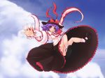  ascot blue_sky cloud flying ginji74 hand_on_headwear hat hat_ribbon mary_janes nagae_iku outstretched_arm panties pink_panties purple_hair red_eyes ribbon shawl shirt shoes short_hair skirt sky smile solo touhou underwear upskirt 