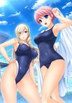  blonde_hair blue_eyes breasts celia_kumani_entory competition_swimsuit day drill_hair hair_ornament hairband hairclip hand_on_hip highleg highleg_swimsuit highres kisaki_mio komori_kei large_breasts legs long_hair multiple_girls one-piece_swimsuit open_mouth outdoors pink_hair school_swimsuit swimsuit thighs towel walkure_romanze 