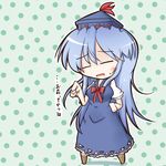  blue_dress blue_hair blush chalk chibi closed_eyes dekasudachin dress hand_on_hip hat kamishirasawa_keine long_hair open_mouth solo touhou translated 