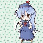  blue_dress blue_hair blush brown_eyes chalk chibi dekasudachin dress hand_on_hip hat kamishirasawa_keine long_hair open_mouth solo touhou translated 