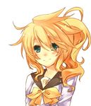  aqua_eyes bad_id bad_pixiv_id blonde_hair closed_mouth genderswap genderswap_(mtf) kagamine_len kagamine_lenka melka_(elyss-abyss) ponytail portrait short_hair simple_background smile solo upper_body vocaloid 