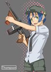  bad_id bad_pixiv_id blue_hair drum_magazine green_eyes gun hat original rano solo submachine_gun thompson_submachine_gun weapon 