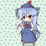  animal_ears blue_dress blue_hair blush brown_eyes cat_ears cat_tail chalk chibi dekasudachin dress hand_on_hip hat kamishirasawa_keine kemonomimi_mode long_hair open_mouth solo tail touhou translated 