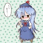  blue_dress blue_hair blush brown_eyes chalk chibi dekasudachin dress hand_on_hip hat kamishirasawa_keine long_hair solo thinking touhou translation_request trembling wavy_mouth 