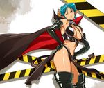 aqua_hair ass bare_shoulders breasts cape carrera cleavage demon_girl demon_tail elbow_gloves gloves horns large_breasts leather navel o/p.com one_eye_closed red_eyes solo tail thighhighs viper 