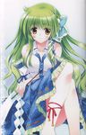  absurdres ankle_lace-up blush cross-laced_footwear crossed_legs detached_sleeves frog gohei green_hair hair_ornament highres kochiya_sanae legs long_hair non-web_source rei_(rei's_room) scan sitting solo touhou yellow_eyes 