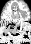  alternate_costume barefoot bone braid breasts cleavage clothes_writing comic commentary_request dragon_girl greyscale hong_meiling kiseru large_breasts long_hair midriff monochrome monster_girl no_hat no_headwear one_eye_closed pipe scales side_braid sitting skull smile smoking touhou twin_braids wasabi_shoujo 