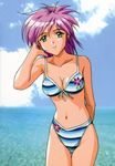  arm_behind_back bare_shoulders bikini breasts cleavage cloud collarbone day green_eyes hand_in_hair kokura_masashi looking_at_viewer medium_breasts navel official_art pink_hair short_hair sky smile solo swimsuit tokimeki_memorial tokimeki_memorial_2 water yae_kaori 