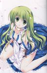  absurdres bare_legs bare_shoulders blush breasts cleavage collar detached_sleeves frog green_eyes green_hair hair_ornament highres kochiya_sanae large_breasts long_hair non-web_source open_mouth rei_(rei's_room) scan sitting skirt snake solo touhou wariza 