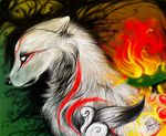  &#332;kami ?kami abstract_background amaterasu black_nose bust_portrait canine deity digital_drawing_(art) digital_media_(art) ears_back feral fire fur looking_down lycangel mammal markings mixed_media no_pupils quadruped red_markings sad solo video_games white_fur white_sclera wolf 