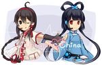  2girls ;q ahoge bad_id bad_pixiv_id black_eyes black_hair fingerless_gloves gloves headset hiragi_rin long_hair looking_at_viewer luo_tianyi multiple_girls new_year one_eye_closed red_eyes short_hair_with_long_locks smile tongue tongue_out vocaloid vocanese yuezheng_ling 