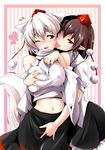  animal_ears bare_shoulders blush breast_grab breasts brown_hair couple deep_skin detached_sleeves fang fingering fingering_through_clothes grabbing happy hat heart inubashiri_momiji k2isu large_breasts licking midriff multiple_girls navel one_eye_closed pointy_ears red_eyes shameimaru_aya short_hair silver_hair simple_background smile tail through_clothes tokin_hat tongue touhou wolf_ears wolf_tail yuri 