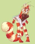  anthro arthropod bee blonde_hair blue_eyes breasts clothed clothing female green_background hair hybrid insect looking_at_viewer lurue mammal nipples plain_background red_panda skimpy solo standing topless uni whiskers 