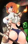  1girl ass breasts cameltoe creeper female fingerless_gloves fire from_behind gloves gun hair_ornament hair_ribbon horange_hair kougasha large_breasts looking_back minecraft nipples open_mouth orange_hair panties puffy_nipples purple_eyes raynos ribbon short_hair sideboob staff standing torch underwear weapon 