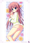  :o absurdres ass blue_eyes blush breasts breasts_outside flower highres long_hair looking_at_viewer lying medium_breasts moribe_(rabumanyo) nipples no_pants on_side open_mouth original panties panty_pull pink_hair pink_panties scan solo underwear 