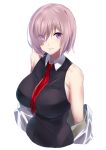  1girl bangs bare_shoulders black_shirt breasts collared_shirt commentary_request eyebrows_visible_through_hair eyes_visible_through_hair fate/grand_order fate_(series) fujitsubo_(hujitubo0731) grin hair_over_one_eye highres jacket jacket_removed large_breasts looking_at_viewer mash_kyrielight necktie pink_hair purple_eyes red_neckwear shirt short_hair sleeveless sleeveless_shirt smile 