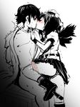  1girl bad_id bad_pixiv_id bdsm black_hair black_wings blush bondage bound censored faceless faceless_male femdom geta hat hetero hyudora kiss kneepit_sex monochrome penis red_eyes shameimaru_aya short_hair skirt spot_color sweat tokin_hat tongue touhou wings 