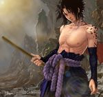  abs bare_shoulders black_hair highres lens_flare looking_at_viewer luke_uehara male_focus md5_mismatch muscle naruto naruto_(series) red_eyes shirtless signature solo standing sun sword uchiha_sasuke weapon 