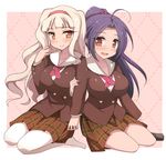  :d ahoge blue_hair blush brown_eyes hairband idolmaster idolmaster_(classic) long_hair miura_azusa multiple_girls no_shoes open_mouth pantyhose plaid ponytail school_uniform school_wear_(idolmaster) shijou_takane silver_hair sitting skirt smile socks van-s wariza yokozuwari 