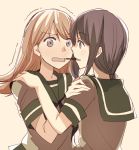  2girls black_hair blush brown_eyes brown_hair face-to-face food hand_on_another&#039;s_shoulder kantai_collection kitakami_(kantai_collection) long_hair multiple_girls ooi_(kantai_collection) open_mouth pocky pocky_day pocky_kiss sailor_collar shared_food short_sleeves takamachiya tan_background trembling upper_body yuri 