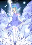  absurdres arm_up blue_eyes blue_hair cirno fang highres ice kneehighs looking_at_viewer mary_janes open_clothes open_mouth shoes short_hair solo touhou wakagi_repa white_legwear wings 