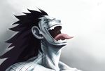 barbell_piercing black_hair closed_eyes collarbone ear_piercing eyebrow_piercing fairy_tail gajeel_redfox laughing long_hair male_focus metal non-cubic nose_piercing open_mouth piercing sharp_teeth solo spiked_hair teeth tongue upper_body 