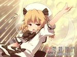  :&lt; arm_up blonde_hair blueberry_(5959) blush bow chestnut_mouth dress drill_hair fairy_wings flying_sweatdrops hair_ribbon hat jitome looking_at_viewer luna_child moon open_mouth red_eyes ribbon short_hair solo touhou wings 