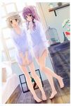  :o absurdres barefoot bed blue_eyes brown_eyes brown_hair cage cupboard dress_shirt dutch_angle eiffel_tower feet highres landmark legs long_hair minimized multiple_girls naked_shirt naruse_chisato original purple_hair shirt short_hair sleeves_rolled_up v_arms window 