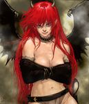  belt black breasts choker cleavage crossed_arms demon_girl elbow_gloves gloves hips horns loincloth long_hair looking_at_viewer luke_uehara medium_breasts midriff muscle navel original pointy_ears red red_hair signature smile solo succubus topless weapon white_eyes wings 