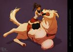  armlet avatar:_the_last_airbender avatar_(series) bare_shoulders bear boots closed_eyes dark_skin darkkenjie dog fangs fur_trim hair_tubes happy korra naga_(avatar) petting polar_bear polar_bear_dog saddle skirt tail the_legend_of_korra vambraces watermark web_address 