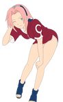  bent_over clevage closed_mouth dress green_eyes hand_in_hair hand_on_knee haruno_sakura head_band ninja no_pants one_arm_up one_eye_closed pink_hair red_dress shoes short_hair simple_background smile smirk zipper 