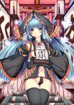  absurdres black_legwear blue_eyes blue_hair blush breasts candle charm_(object) crack detached_sleeves hair_tie headgear highres hime_cut lantern long_hair medium_breasts navel ofuda open_mouth original panties solo stairs standing sukage thighhighs torii underwear wide_sleeves 