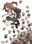  absurdres backpack bag bandaid bandaid_on_knee brown_eyes brown_hair dress_shirt hands_in_pockets highres jumping loafers long_hair mouth_hold necktie original school_uniform scrunchie shirt shoes side_ponytail skirt sleeves_pushed_up socks stuffed_toy wamochi wristband 
