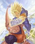  anger_vein aura battle clenched_hand dragon_ball dragon_ball_z duel earrings gloves highres jewelry katsutake majin_buu multiple_boys non-web_source pink_skin punching spiked_hair super_saiyan teeth vegetto 