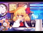  :&lt; ascot blonde_hair blurry blush checkered cloud contemporary depth_of_field dish dress finger_to_mouth flower glass goriyaku hair_ribbon hungry jar jitome letterboxed picture_(object) picture_frame pitcher plate red_eyes ribbon room rumia shirt short_hair sitting smile solo table touhou tree window yellow_eyes 