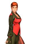  breasts brown_hair capcom_vs_snk choker cleavage earrings jewelry large_breasts lips long_skirt mori_toshiaki nose official_art pantyhose short_hair skirt solo the_king_of_fighters vest vice 
