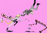  1girl angry blonde_hair bow cosplay durarara!! filia_ul_copt fishnet_legwear fishnets glasses heart heiwajima_shizuo heiwajima_shizuo_(cosplay) long_hair lyxu orihara_izaya orihara_izaya_(cosplay) parody pointy_ears ponytail purple_background purple_hair ribbon road_sign sign slayers slayers_try smile tail tail_bow thighhighs xelloss 
