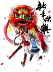  absurdres bad_id bad_pixiv_id black_hair bow gloves grey_hair highres lion_dance luo_tianyi mismatched_legwear multiple_girls new_year otaku_(artist) red_eyes skirt thighhighs twintails vocaloid vocanese yuezheng_ling 