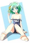  bare_shoulders barefoot blush collarbone feet flat_chest foreshortening glasses green_eyes green_hair hio_raichi kyou_ami! nirap one-piece_swimsuit open_mouth school_swimsuit short_hair sitting slit_pupils smile soles solo swimsuit toes wet 
