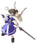  brown_eyes brown_hair cape copyright_request long_hair polearm ponytail shiranagi_masa solo weapon wings 