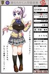  breasts character_age character_profile chousokabe_ichiko condom condom_in_mouth condom_packet_strip condom_wrapper highres kneehighs large_breasts mouth_hold muchigaku plaid plaid_skirt ponytail purple_hair school_uniform shoes skirt solo torigoe_takumi translation_request 